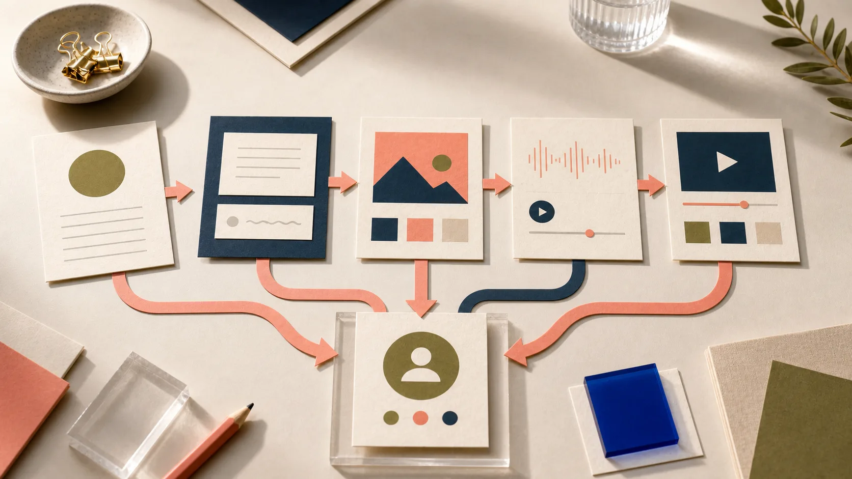 Writing, image, audio, and video workflow cards converge on a human review checkpoint