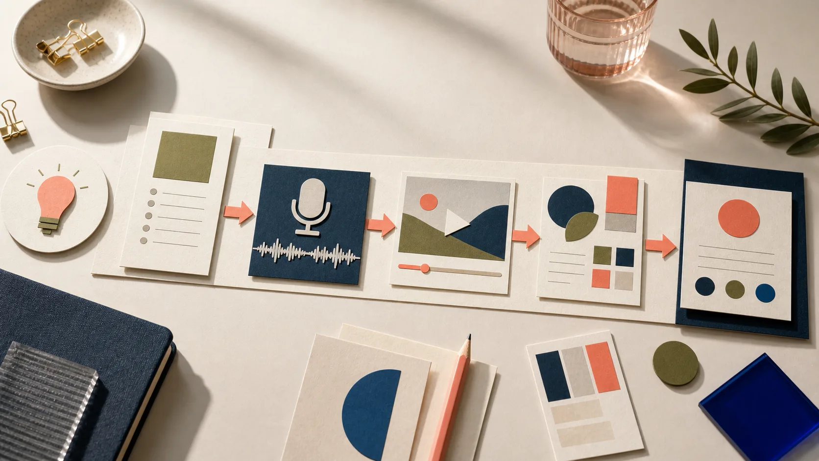 Planning, recording, editing, design, and publishing objects arranged as one creator workflow