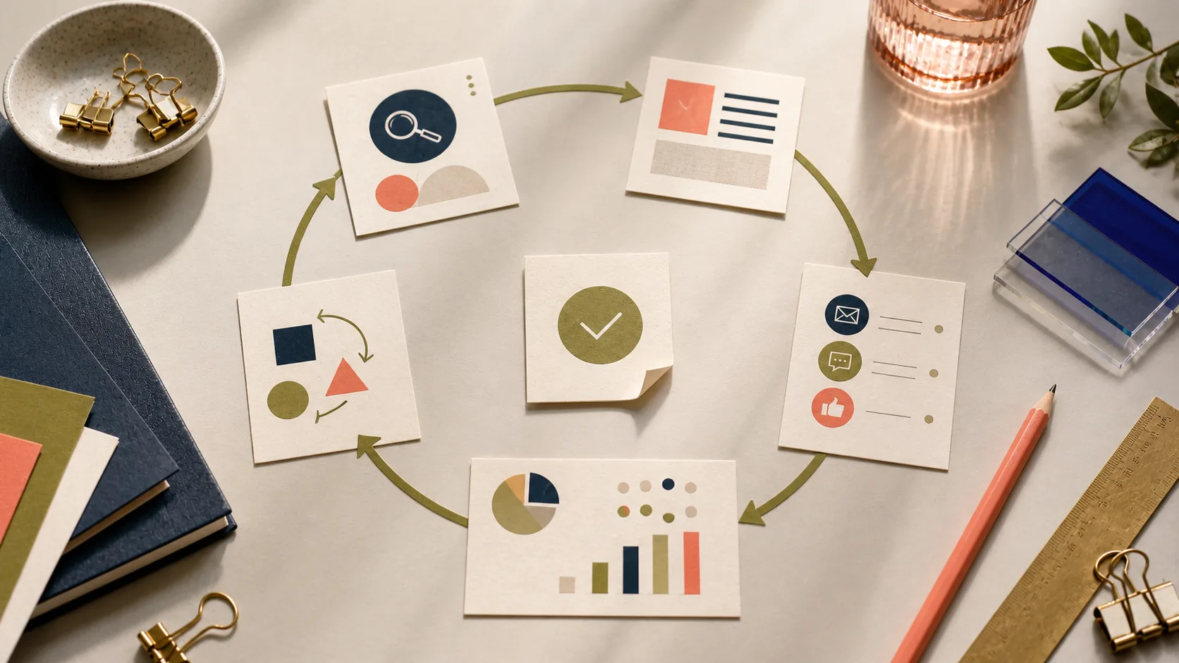 Audience, content, distribution, measurement, and improvement cards arranged in a circular marketing loop