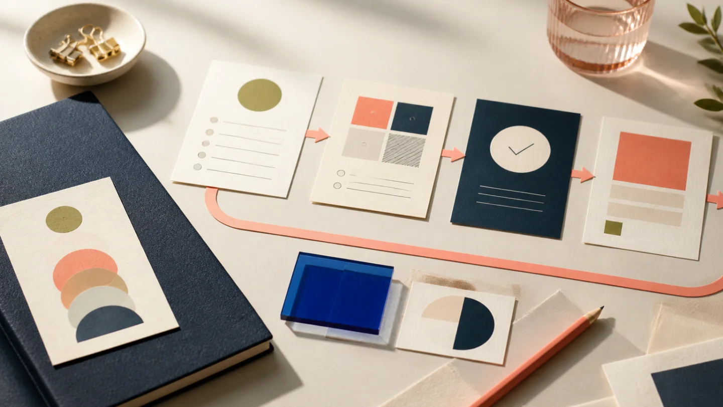Editorial still life showing research cards, workflow steps, and planning materials