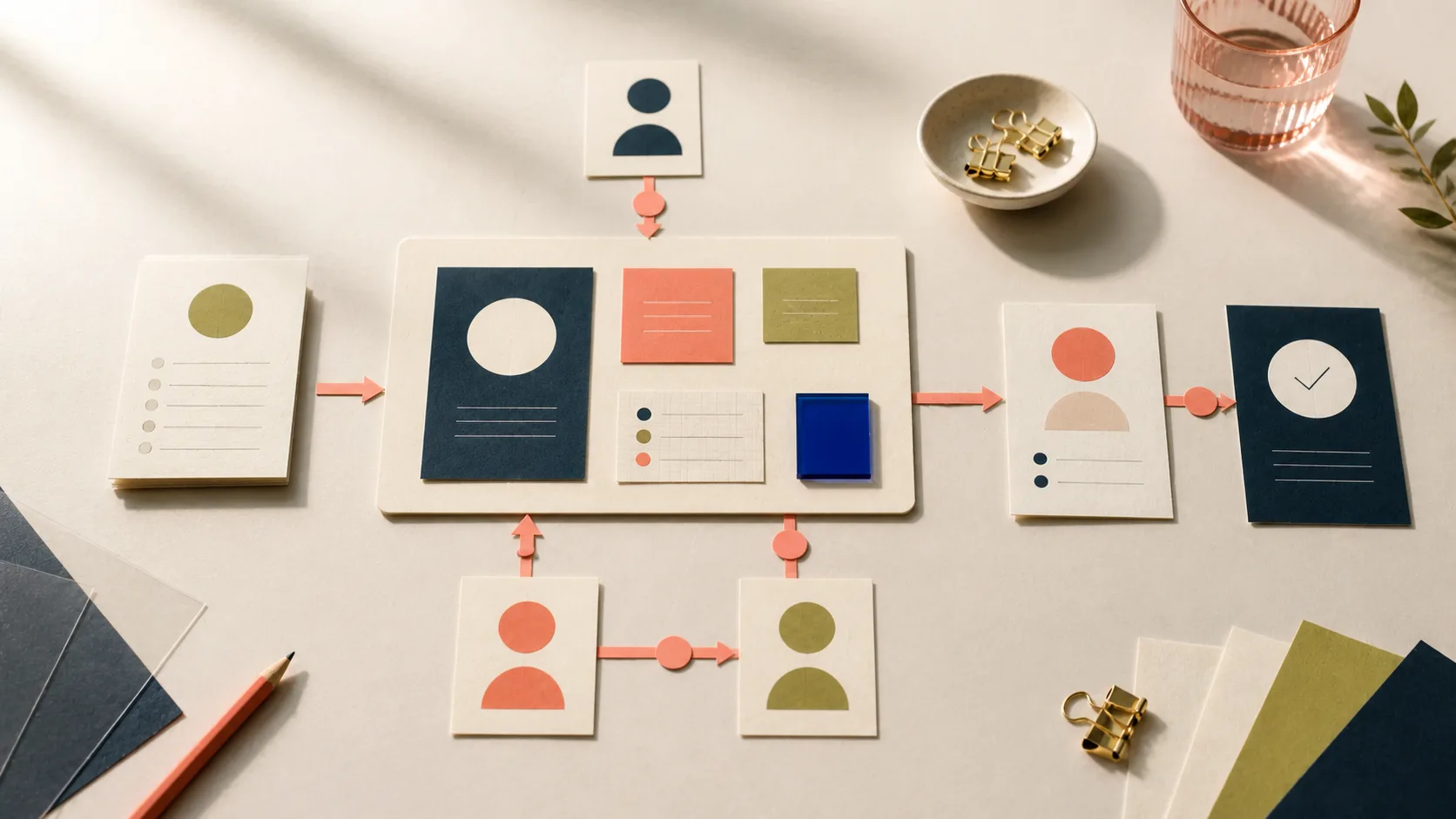Project cards and shared context move through named owners and handoff checkpoints