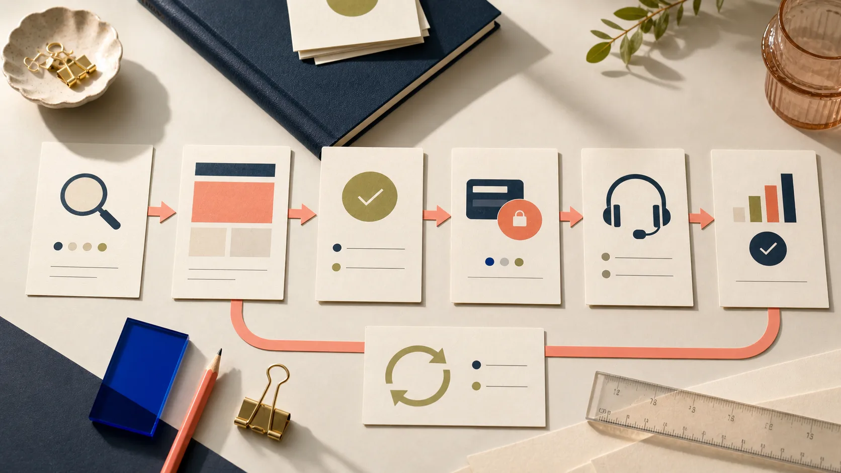 A visitor path connects discovery, webpage clarity, trust, payment, support, and measured improvement