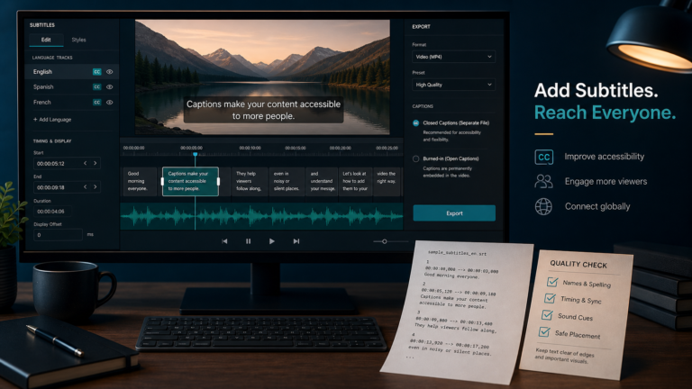 Video editor aligns subtitle cues to an audio waveform and offers closed-caption or burned-in export choices