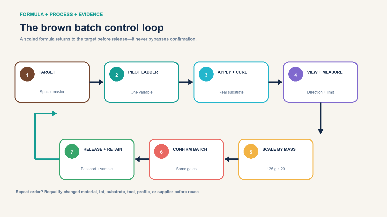 Brown batch production loop from target and weighed pilot ladder through dry measurement, mass scale-up, confirmation, release, and retained sample