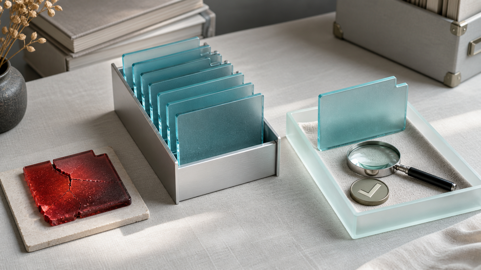 A damaged file is replaced from an archive and inspected in a separate verification tray