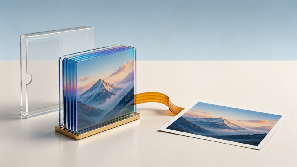 A layered translucent photo object transforms into a flat compatible photo while the source stays archived