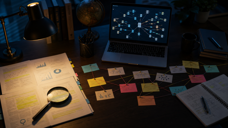 Research desk with source documents, connected evidence notes, and branching search paths on a laptop