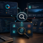 Several unrelated search products branching from one ambiguous name while a verification lens checks identity and policy signals