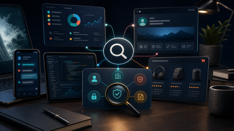 Several unrelated search products branching from one ambiguous name while a verification lens checks identity and policy signals