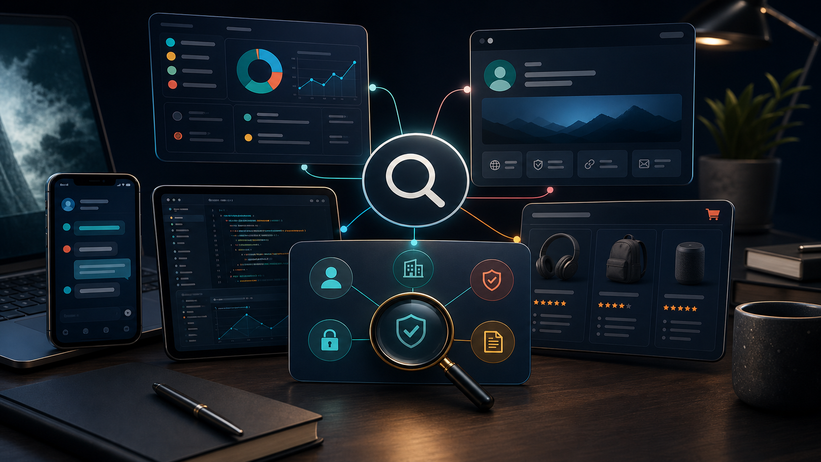 Several unrelated search products branching from one ambiguous name while a verification lens checks identity and policy signals