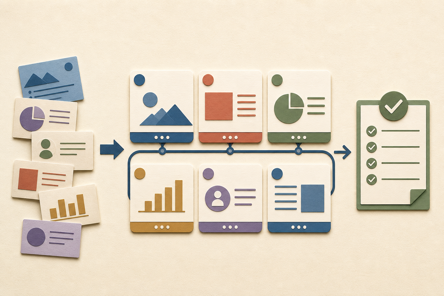 Source notes flow into six planned slides and then a completed review checklist