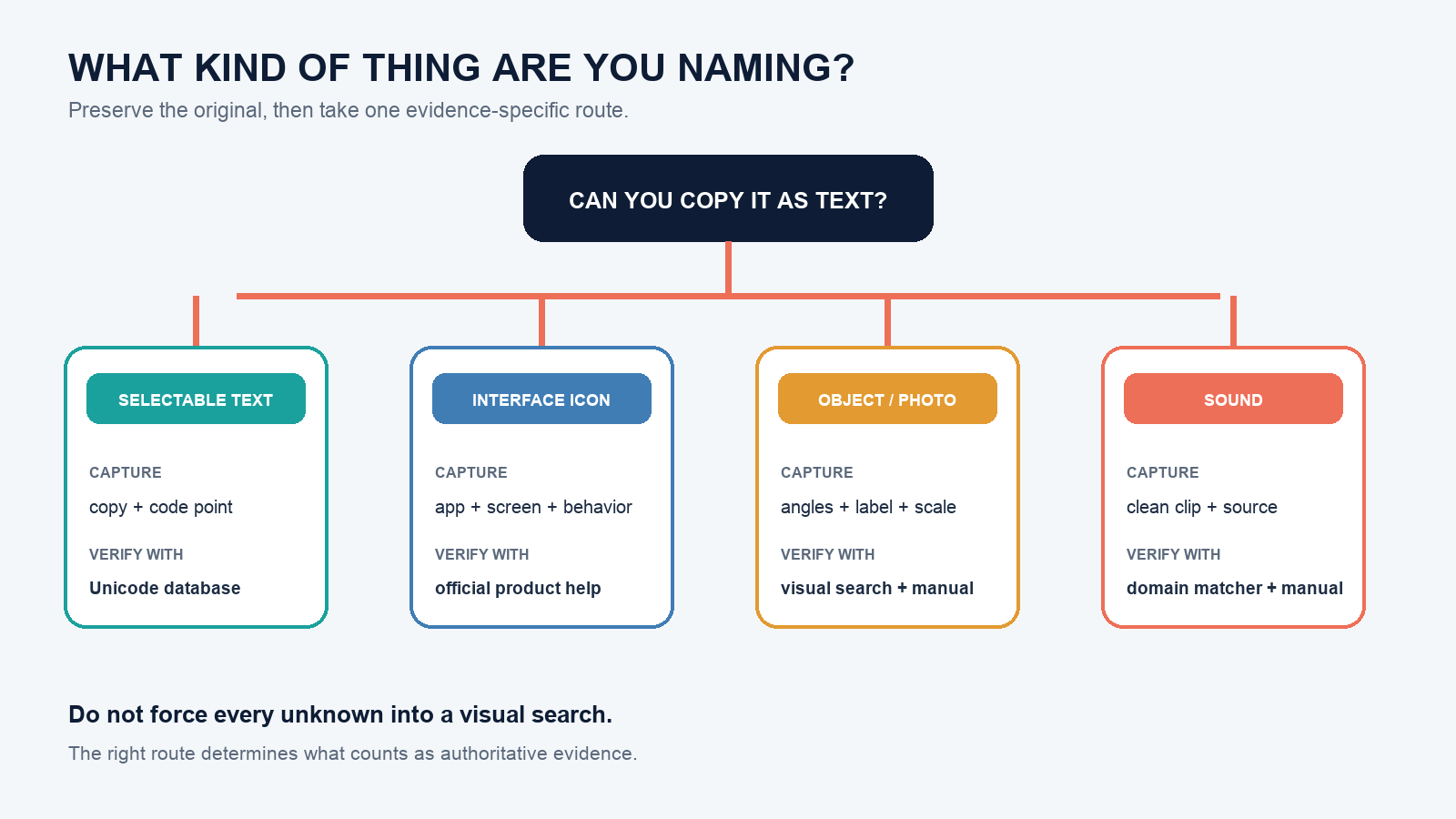 Decision map routing an unknown item to text, interface, object, or sound identification steps