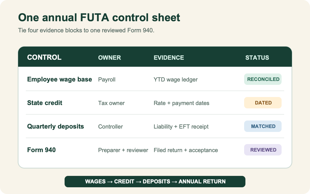 Annual FUTA control sheet connecting employee wage bases, state credit evidence, quarterly deposits, and Form 940