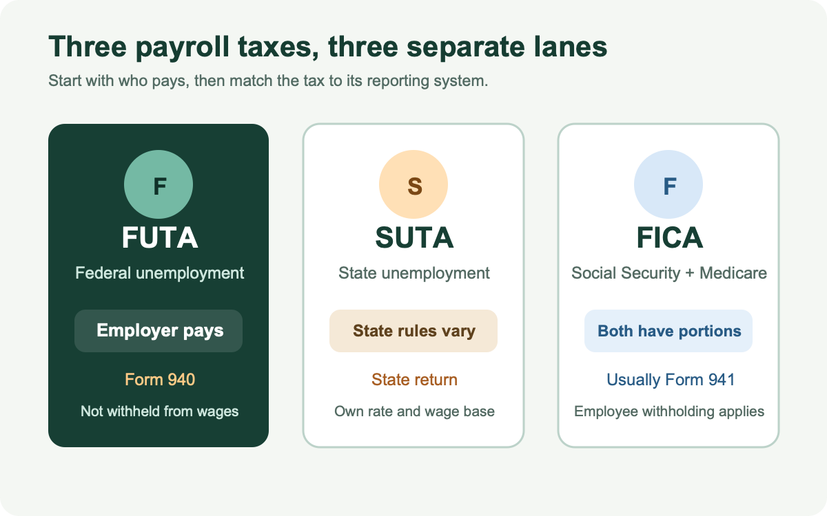 Diagram separating employer-paid FUTA, state unemployment tax, and shared employer-employee FICA taxes