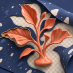 A coral botanical cutout lifts from a navy background to reveal a checkerboard transparency plane