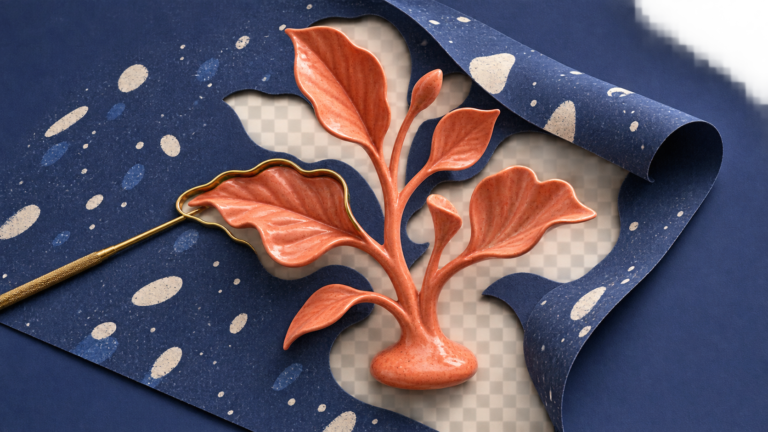 A coral botanical cutout lifts from a navy background to reveal a checkerboard transparency plane