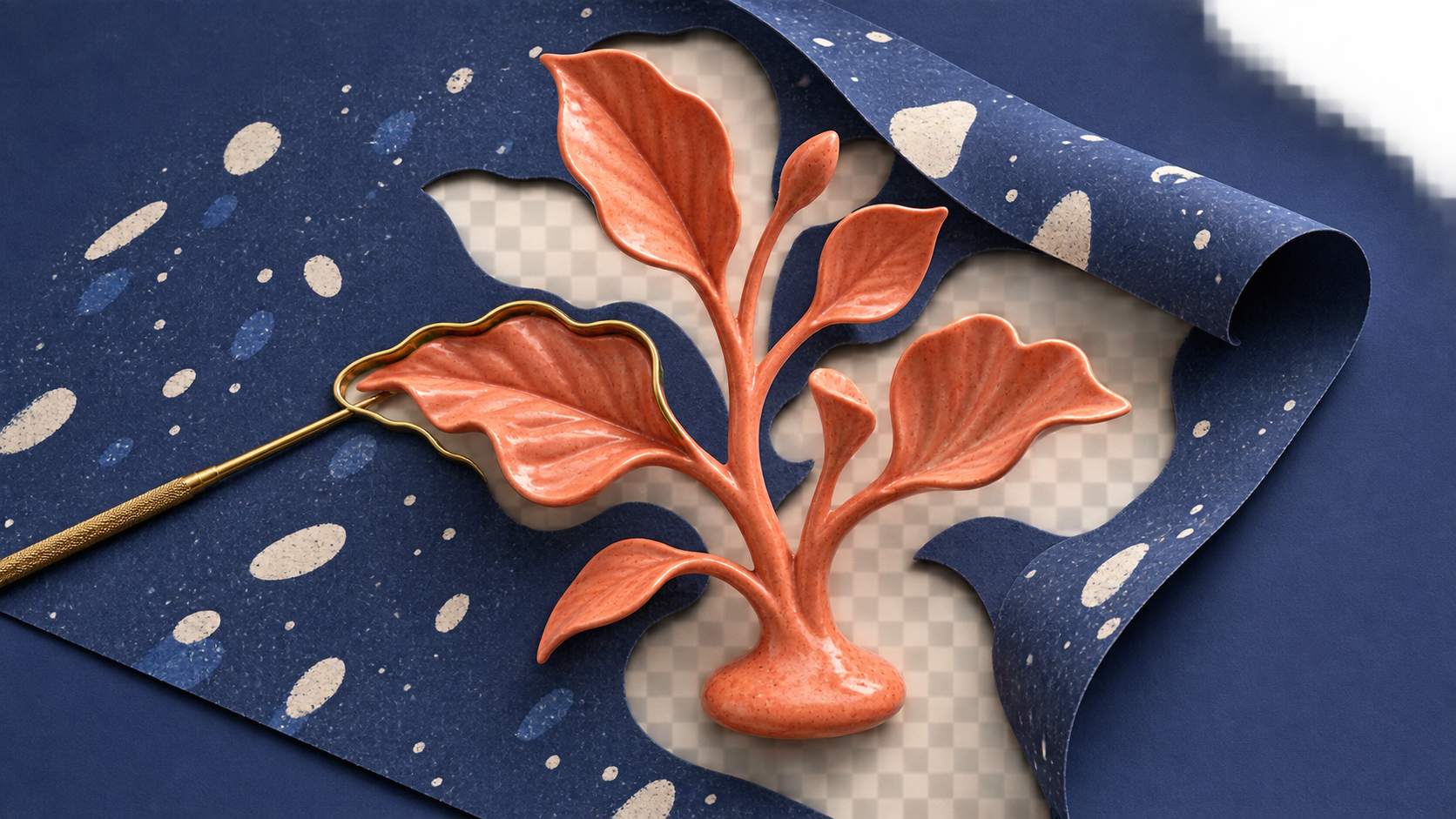 A coral botanical cutout lifts from a navy background to reveal a checkerboard transparency plane