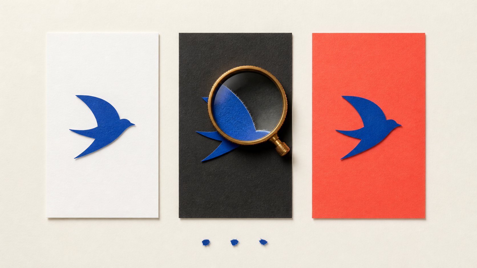 Three identical blue cutouts on white, black, and coral panels reveal edge quality under a magnifying loupe