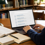 A researcher using an academic search page at a library desk with papers and notes