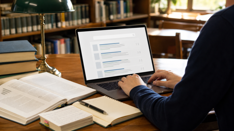 A researcher using an academic search page at a library desk with papers and notes