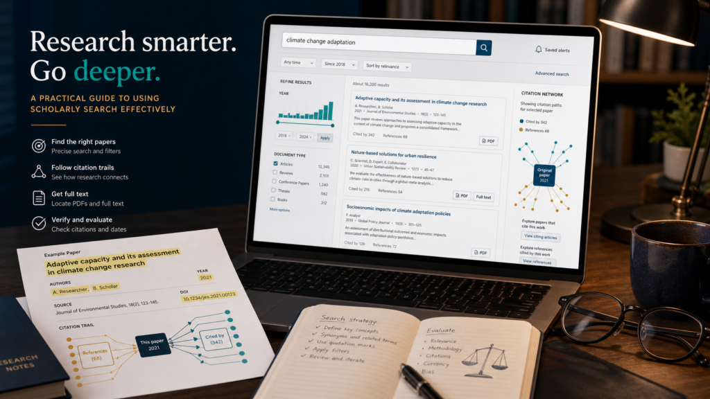 Academic search workspace combines paper results, year filters, citation trails, full-text indicators, and verification notes