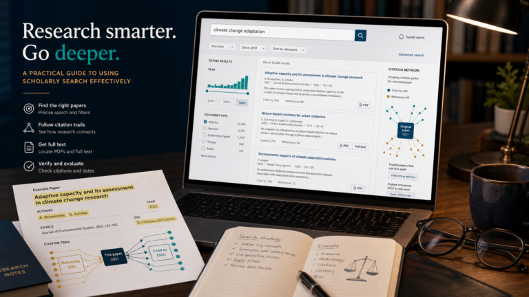 Academic search workspace combines paper results, year filters, citation trails, full-text indicators, and verification notes