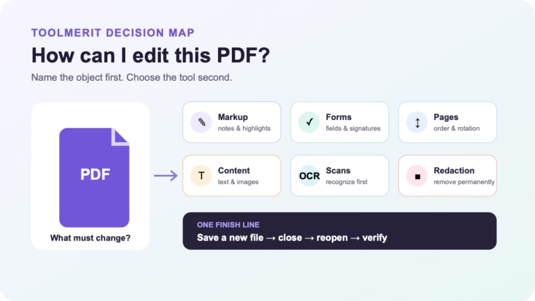A PDF routed to six edit paths for markup, forms, pages, content, OCR, and redaction