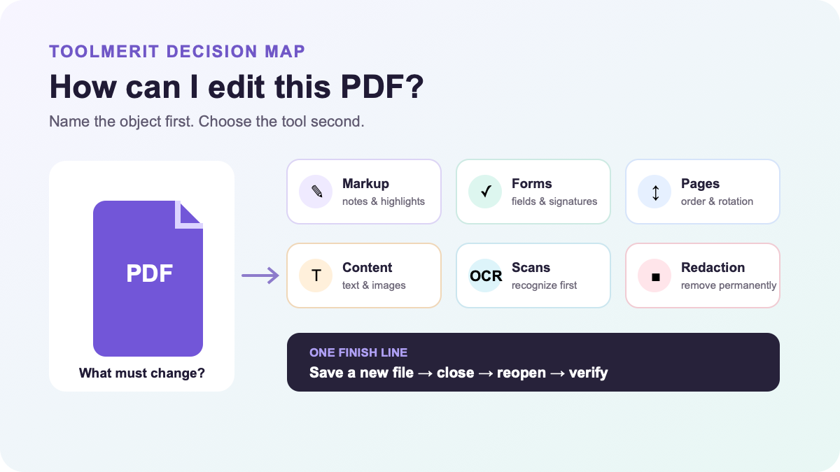 A PDF routed to six edit paths for markup, forms, pages, content, OCR, and redaction