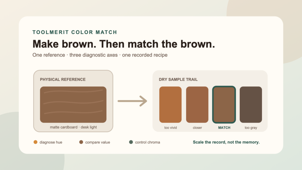 A painter comparing a brown reference card with a sequence of labeled dry paint swatches.