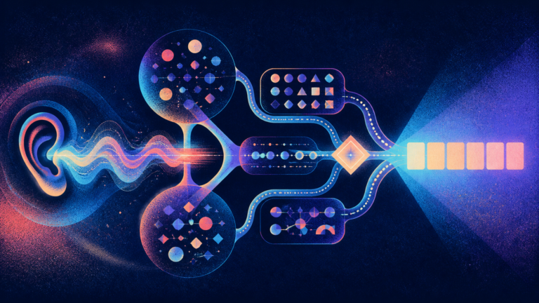 Abstract sound waves passing through branching checks and resolving into an orderly row of blank tiles