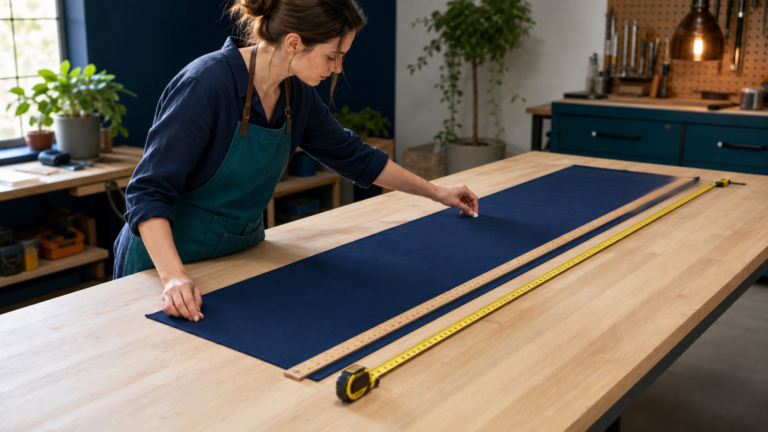 A maker measuring blue fabric with a rigid meter stick and a tape measure on a workshop table