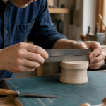 A craftsperson aligns rulers while measuring a wooden object in a home workshop