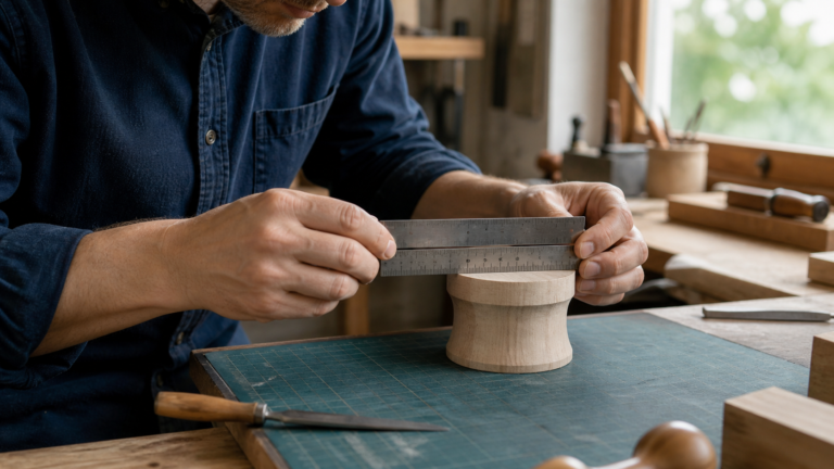 A craftsperson aligns rulers while measuring a wooden object in a home workshop