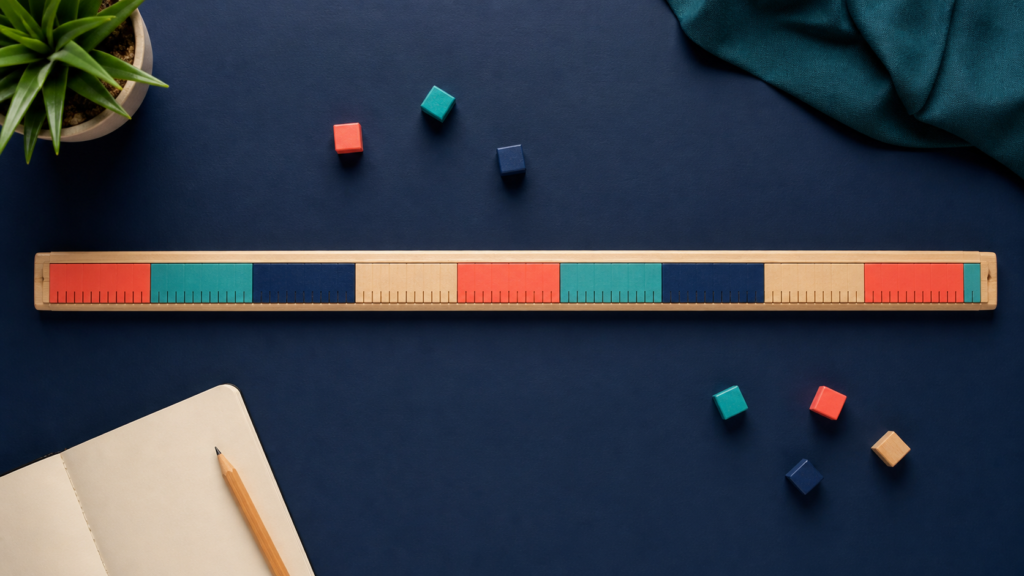 A one-meter measuring rail divided into equal centimeter sections on a workbench