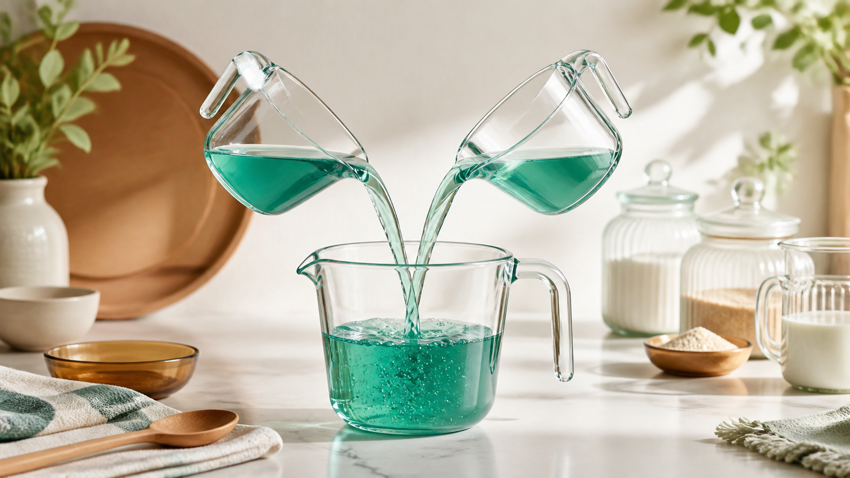 Two small measuring cups pour together into one larger transparent pint-sized vessel