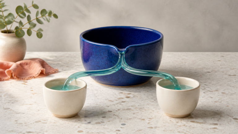 Two matching cream cups arranged in front of one larger cobalt measuring vessel
