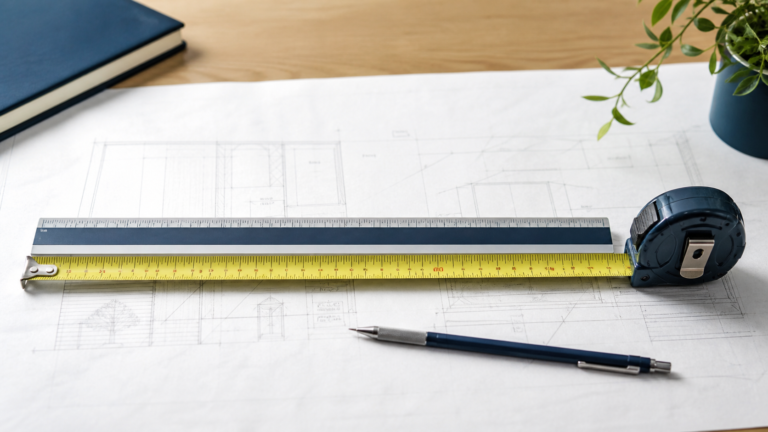 A metric rule and imperial tape are aligned on an architectural drawing for a length comparison
