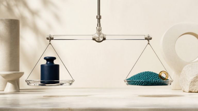 A large navy mass balances many fine teal granules and a small amber fractional ring