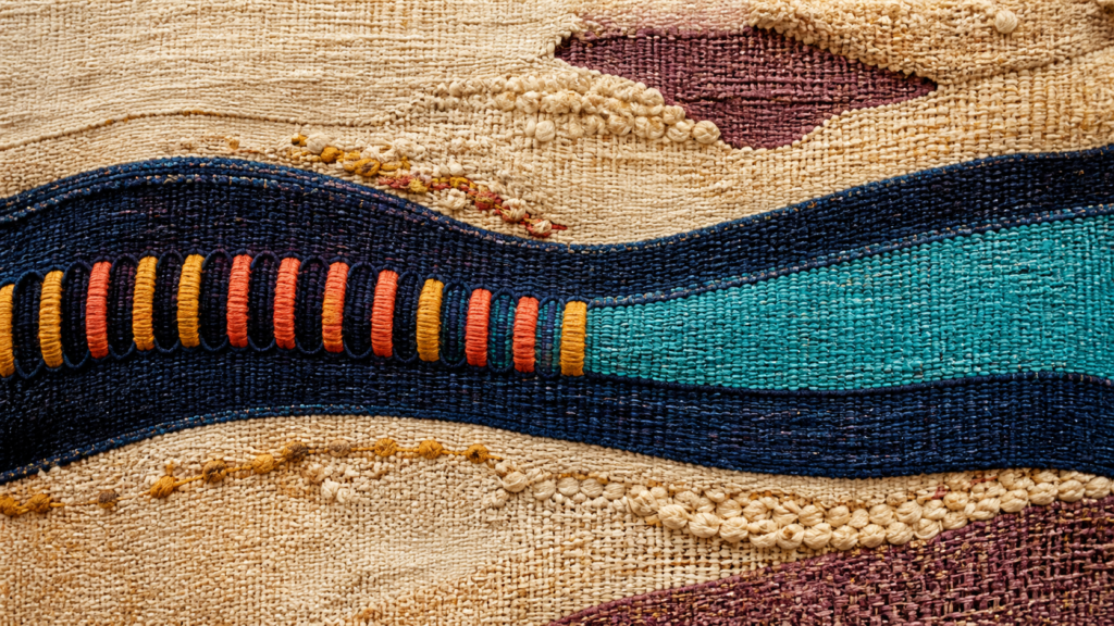 A woven navy band with repeating colored loops gathering into one continuous turquoise span