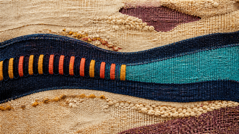 A woven navy band with repeating colored loops gathering into one continuous turquoise span