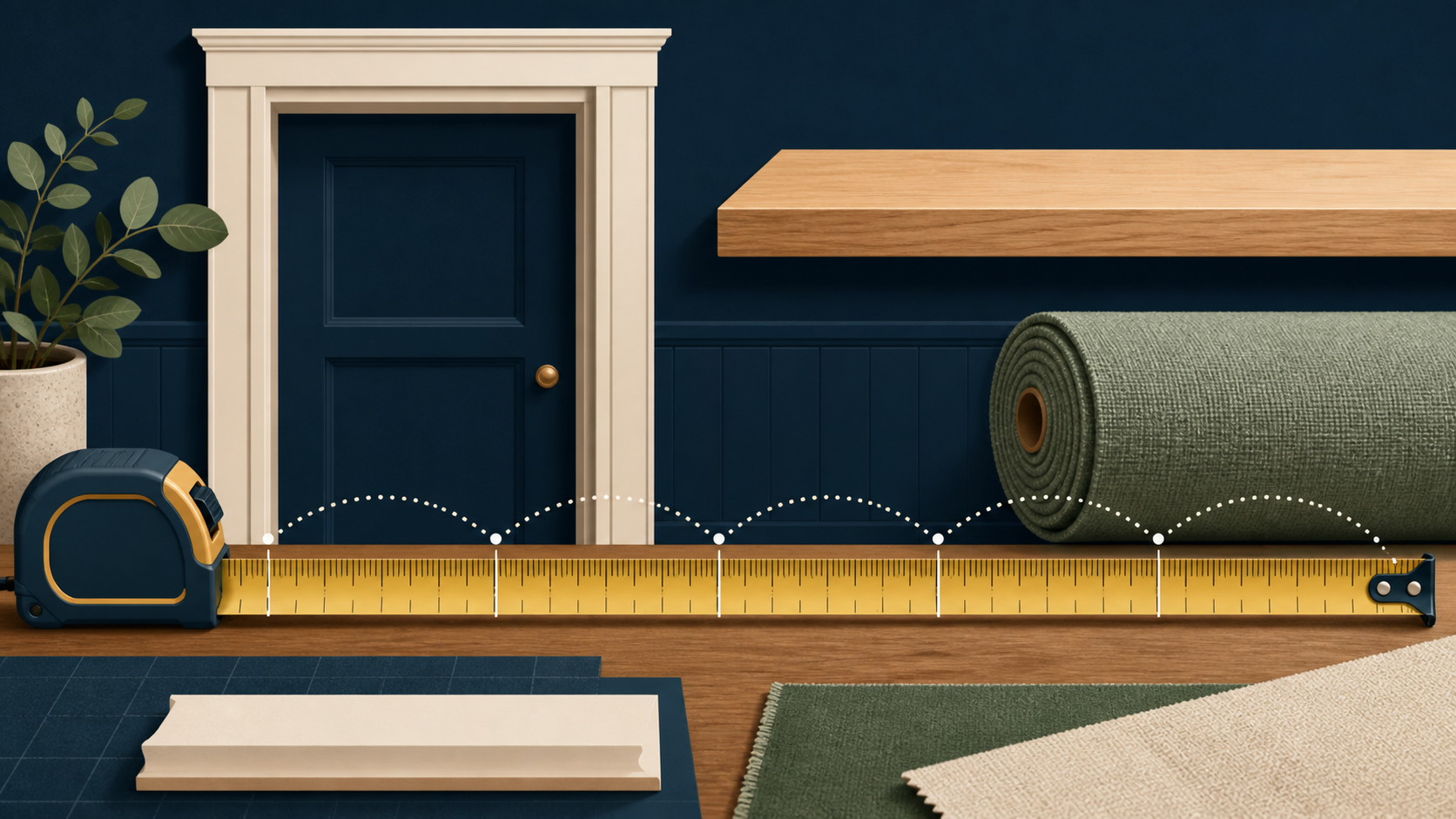 A measuring tape spans five equal foot sections beside practical objects