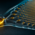 One amber droplet dividing through glass channels into an orderly field of much smaller droplets