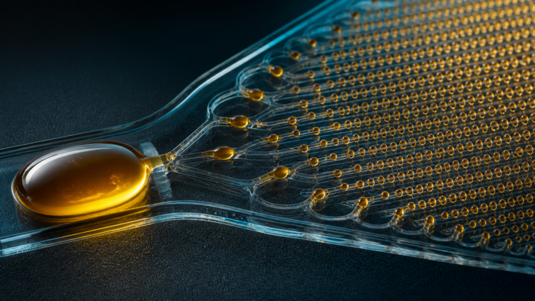One amber droplet dividing through glass channels into an orderly field of much smaller droplets
