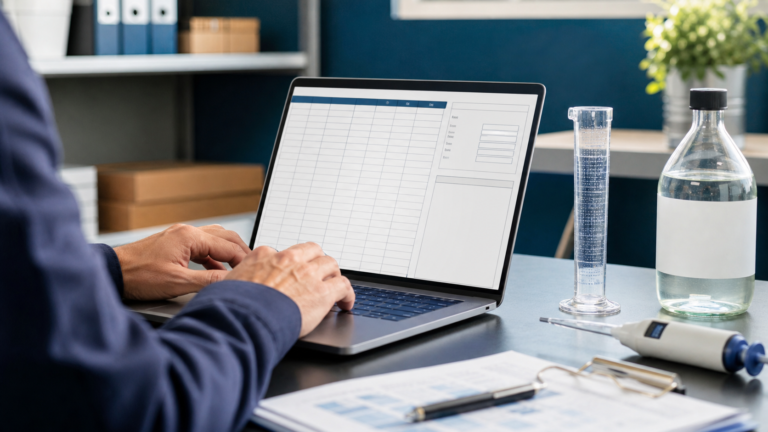 A packaging analyst working on a conversion spreadsheet beside a bottle and graduated cylinder