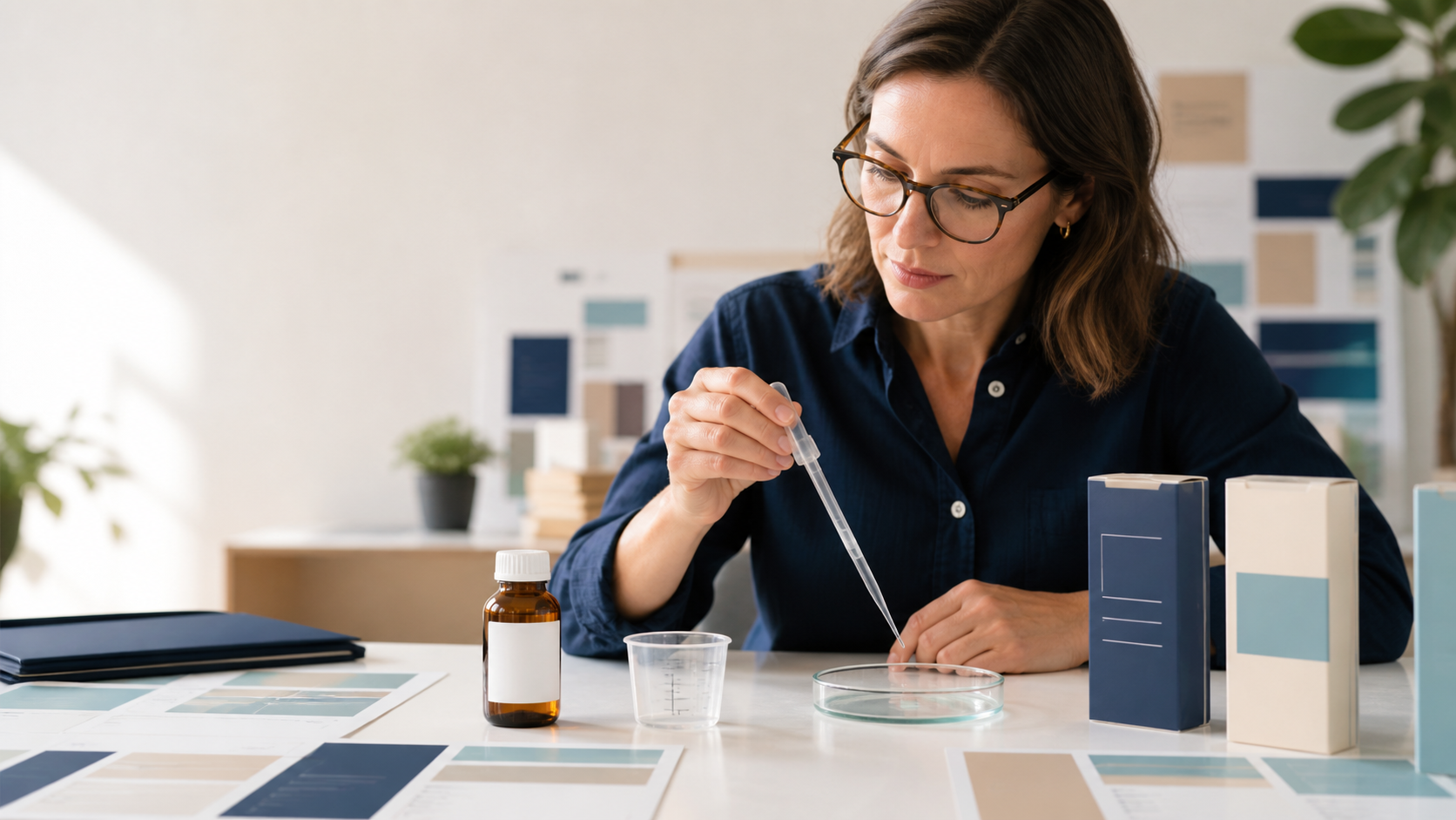 A packaging specialist comparing a small liquid bottle, dosing cup, and precision pipette