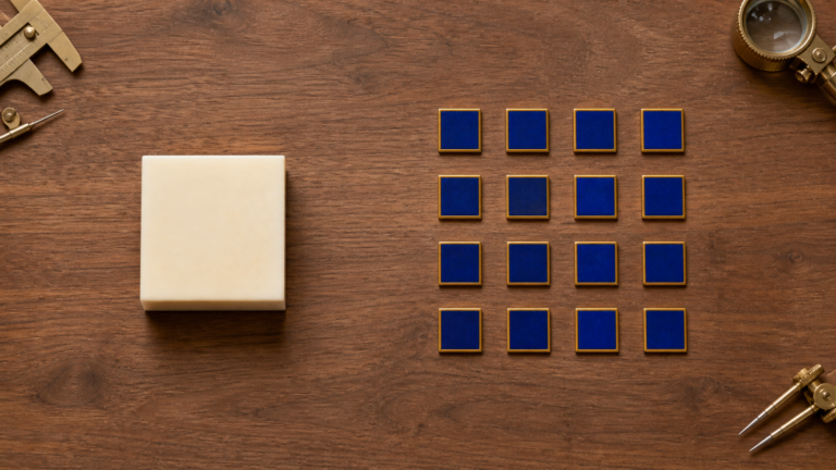 One large block sits beside sixteen small tiles arranged in a four-by-four grid