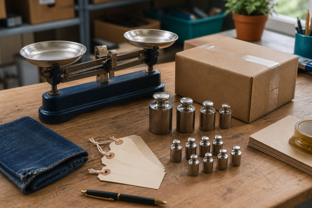 A parcel scale with grouped large and small calibration weights on a packing bench