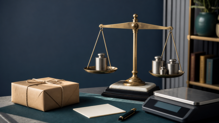 A balance comparing one reference mass with several smaller weights beside a parcel