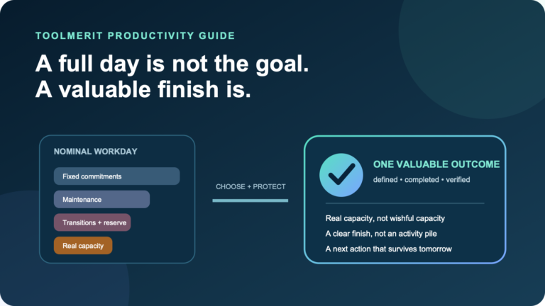 Workday capacity blocks flowing into one completed valuable outcome instead of a full activity list