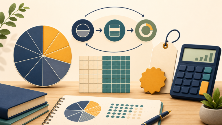 Segmented circle, hundred grid, price tag, and calculator represent percentage problems